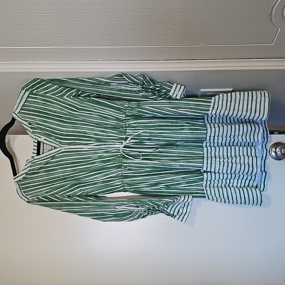 Loft Green & White Striped Long-Sleeved Button Down Dress Small